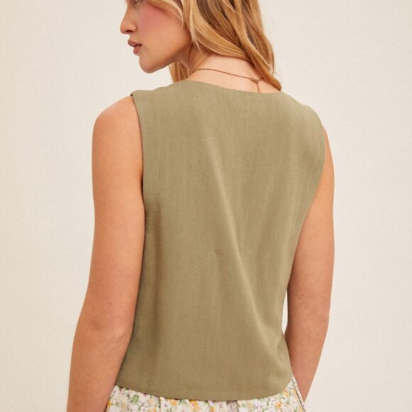 HEM & THREAD Sage Green Button Front Vest Top, Tailored Linen Look Tank - Picture 5 of 5